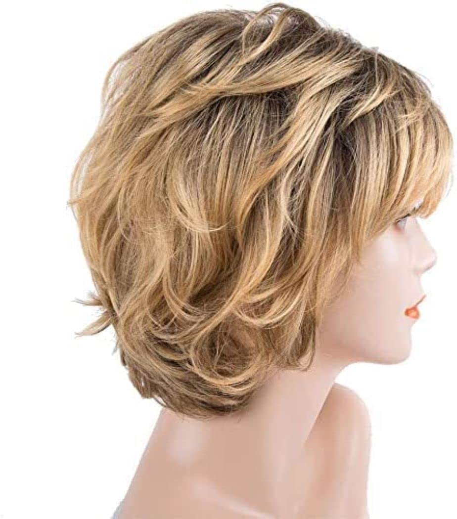 Encantadora peluca sintética para mujer, pelo corto, pelo dorado, resistente al calor, peluca de repuesto, resistente al calor, disfraz, cosplay, fiesta, pelucas (Oro degradado)