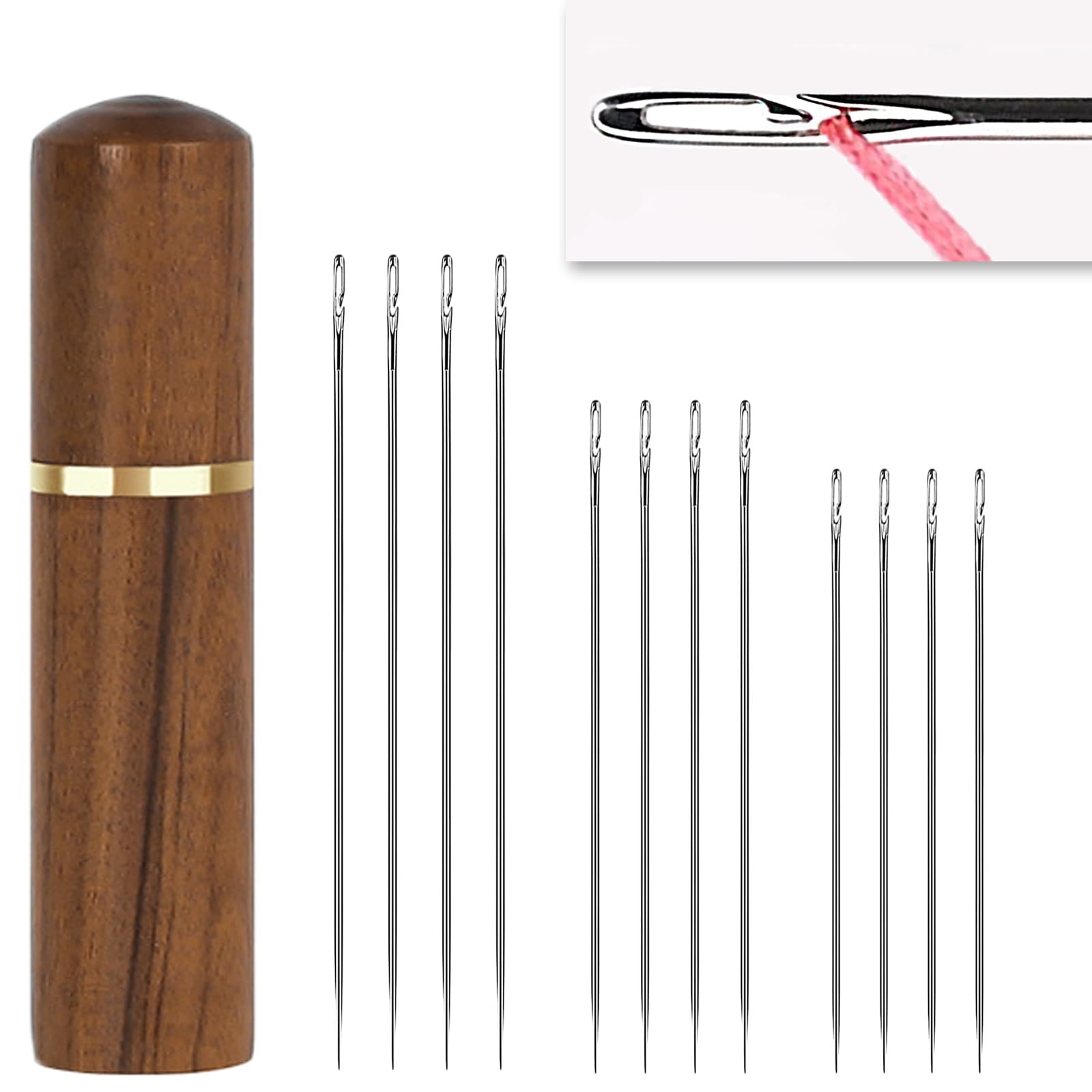 YAWALL Sewing Needles, 24 Pieces Self Threading Needles for Hand Sewing, Easy Thread Needles for Hand Sewing with Wood Needle Case (Light Brown)