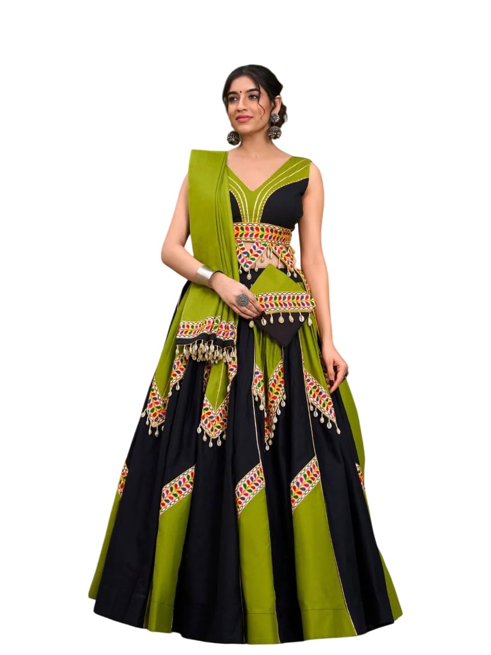 Women's Attractive Black Mint Green Cotton Silk Lehenga Choli-image-4