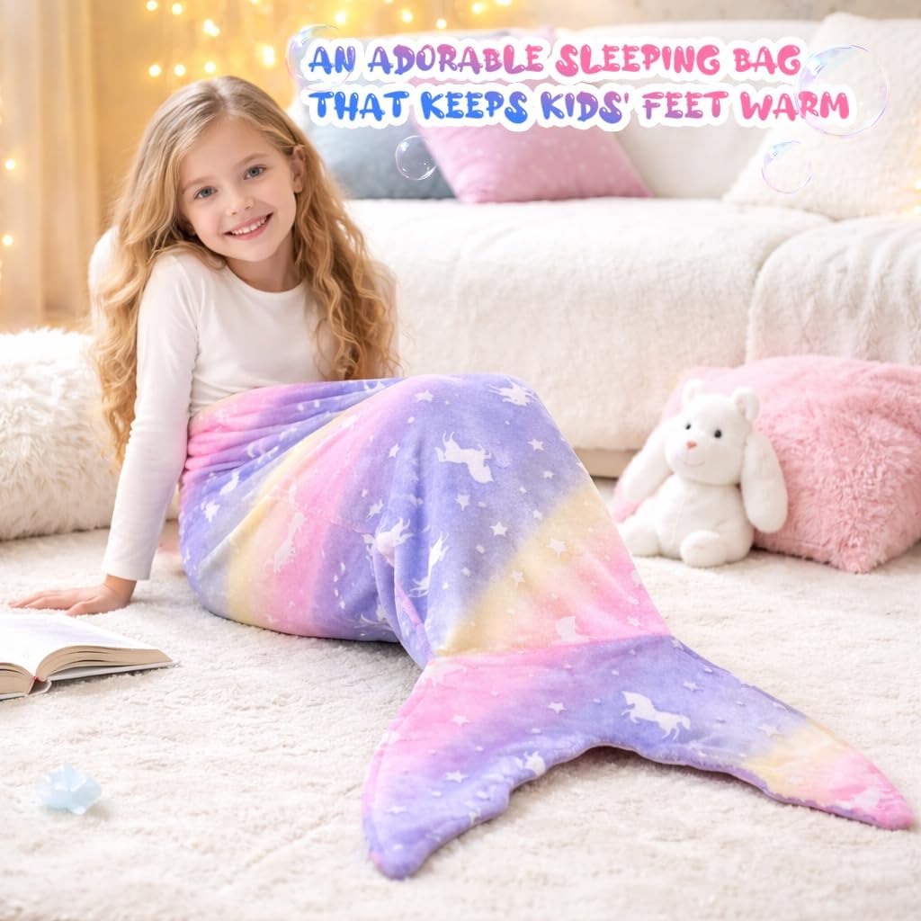 Mermaid Tail Blanket, Glow in the Dark Unicorn Blanket All Seasons Soft Flannel Throw Wearable Snuggle, Birthday Gift for Girls, 43" x 18" (Purple)
