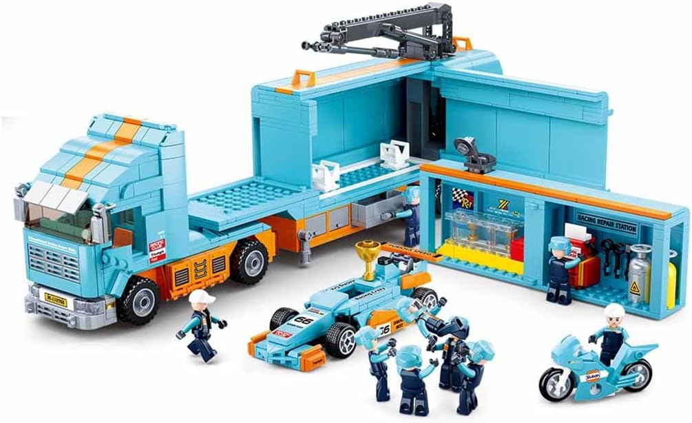 The Sluban F1 Racing Team Truck with the motorcycle, showing various angles and features.