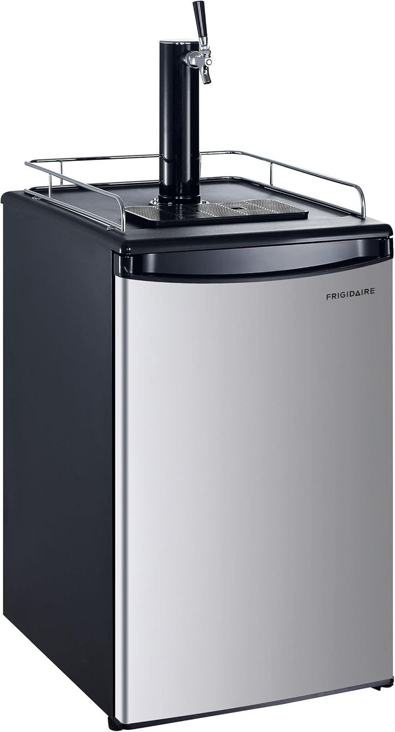 Frigidaire Beer Keg Kegerator Dispenser with Coupler, Tower Tap, and Drip Tray for All Size Kegs, 5.3 cu. ft. Refrigerator, Includes CO2 Tank