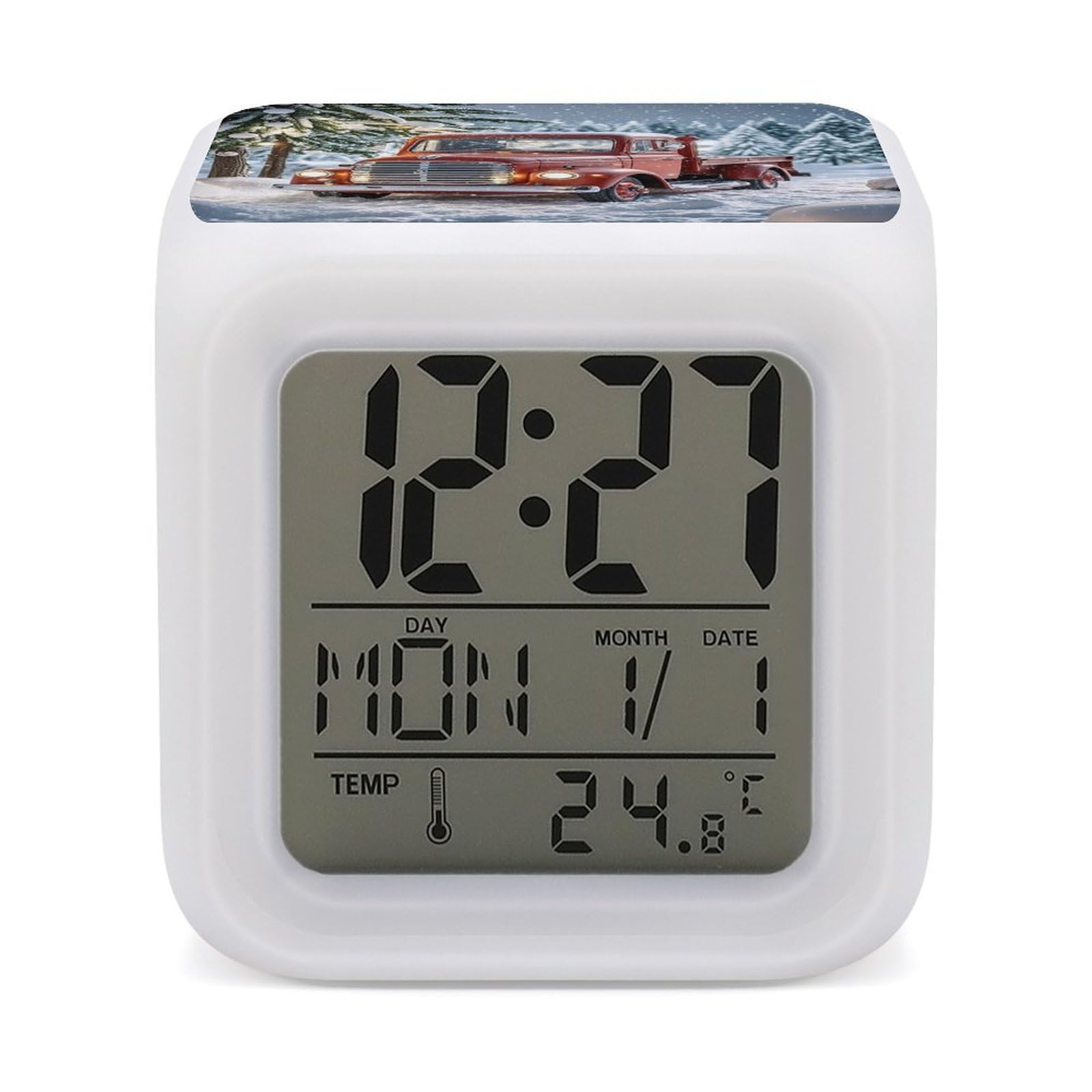 Reloj despertador digital de camión navideño con luz de noche infantil de 7 colores