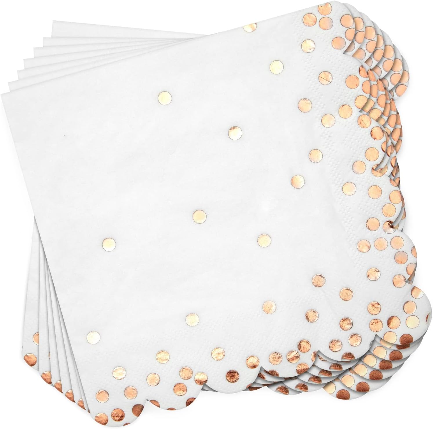 50 Pack Scalloped Rose Gold Napkins for Birthday, Wedding Decorations, Foil Polka Dotted for Holiday Party (3 Ply, 6.3 In)