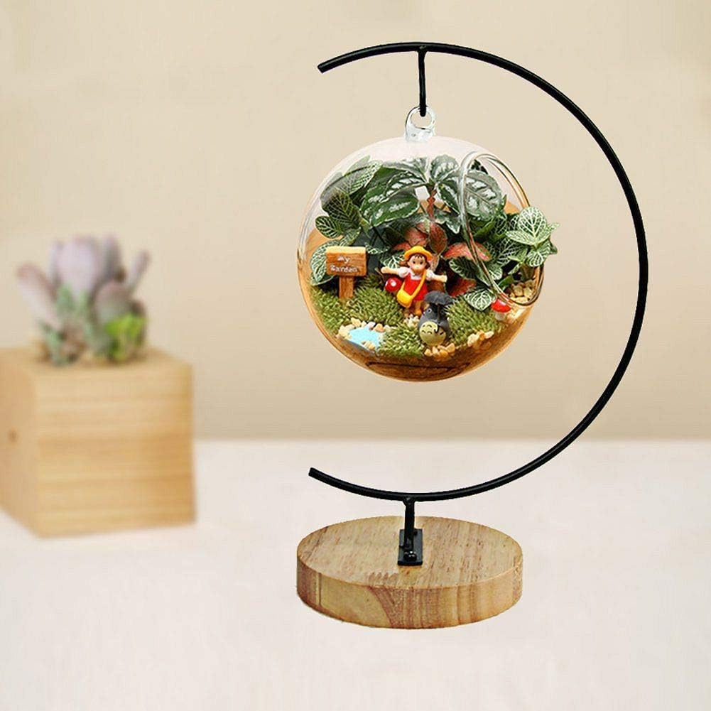 Black Iron Hanging Plant Stand with Wooden Base