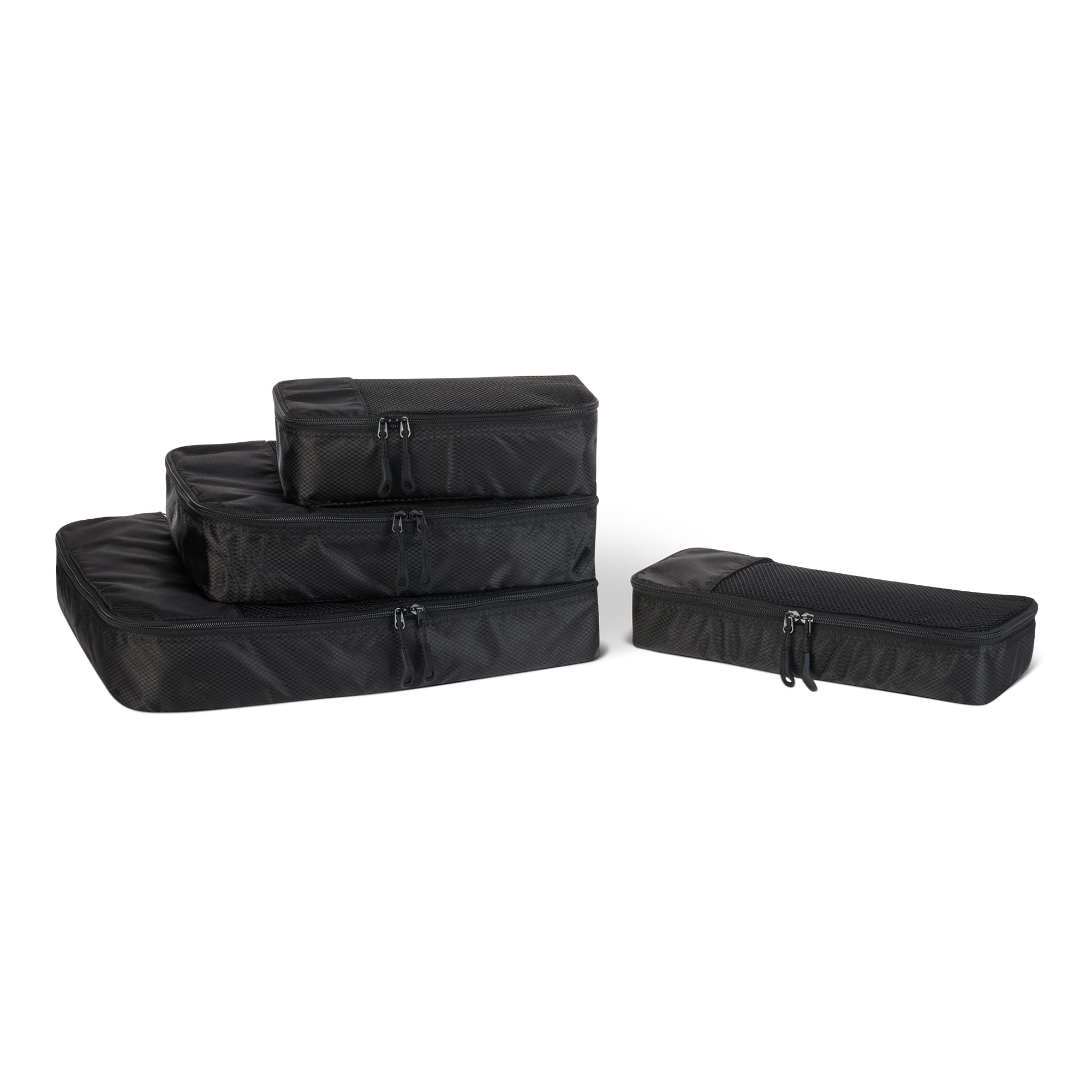 Amazon BasicsAmazon Essentials 4-Piece Packing Cubes Travel Accessories Set, Luggage Organizer with Double Zipper, Mesh Top, 100% Polyester, Small/Medium/Large/Slim, Black (Previously Amazon Basics)