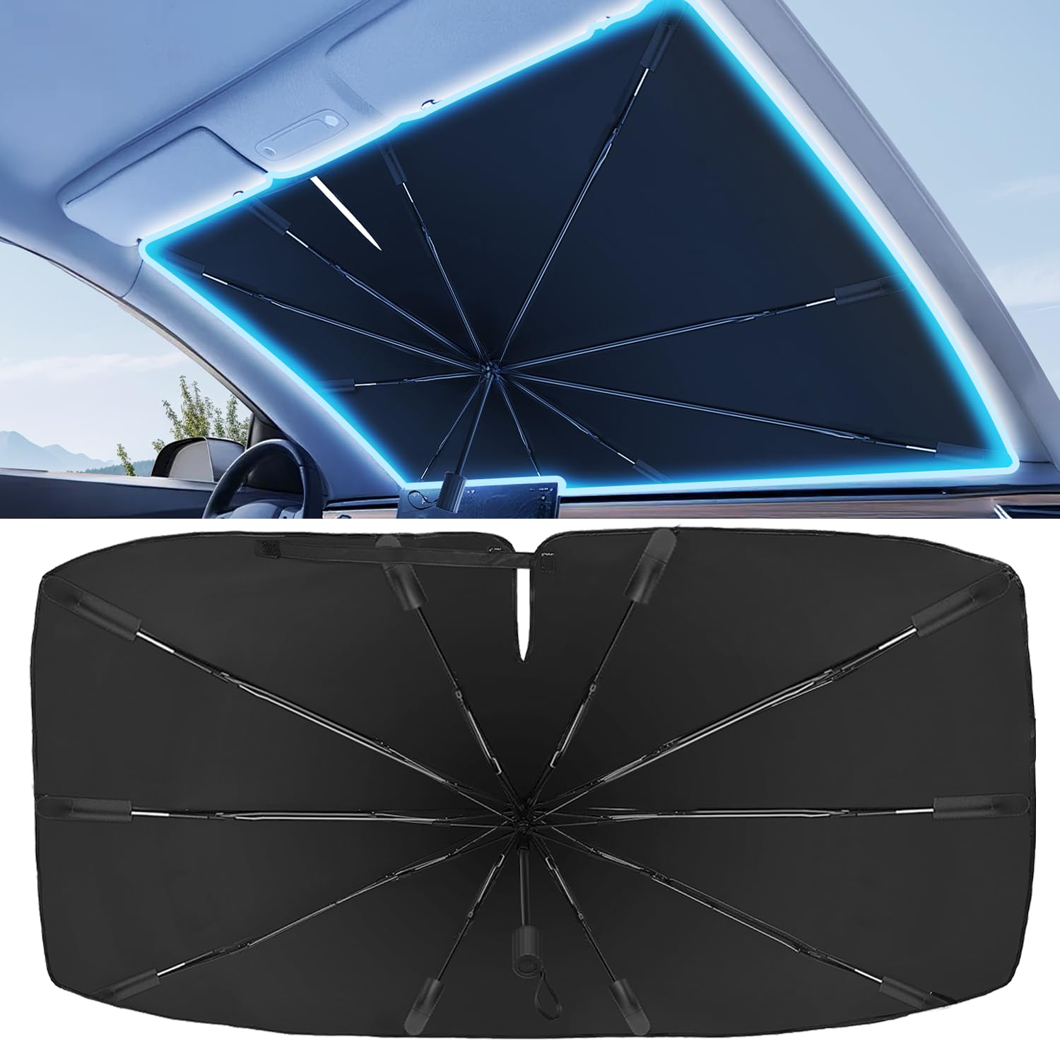 Photo 1 of 2025 Windshield Sun Shade Frame with Thickened Fast Cooling, Emergency Window Breaker, 99% UV Blocking Protects Car from Sun and Heat Damage, Adjustable Bendable Design for SUV/Sedan/(57" L x 32" W)