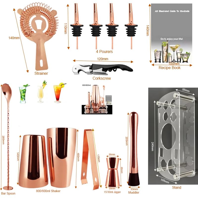 Juego completo de coctelera de 12 piezas, kit completo de camarero con coctelera de acero inoxidable y soporte de exhibición para el hogar y el bar (550 ml, negro)