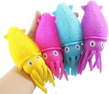 Set of All 4 Puffer Squid Ball - Light Up Flashing Fidget Indoor Soft Hairy Air-Filled Sensory Ball All 4 Colors