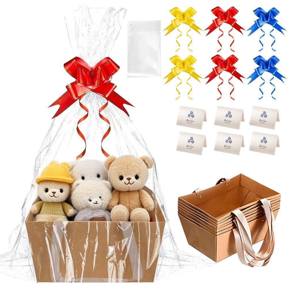 SGZIOO 6 Set Empty Hamper Basket Kit, Hamper Baskets for Gifts Empty, Hamper Kit with Bags, Bows and Greeting Cards, Gift Baskets Empty for Christmas, Aby Shower, Birthday, Easter, Housewarming