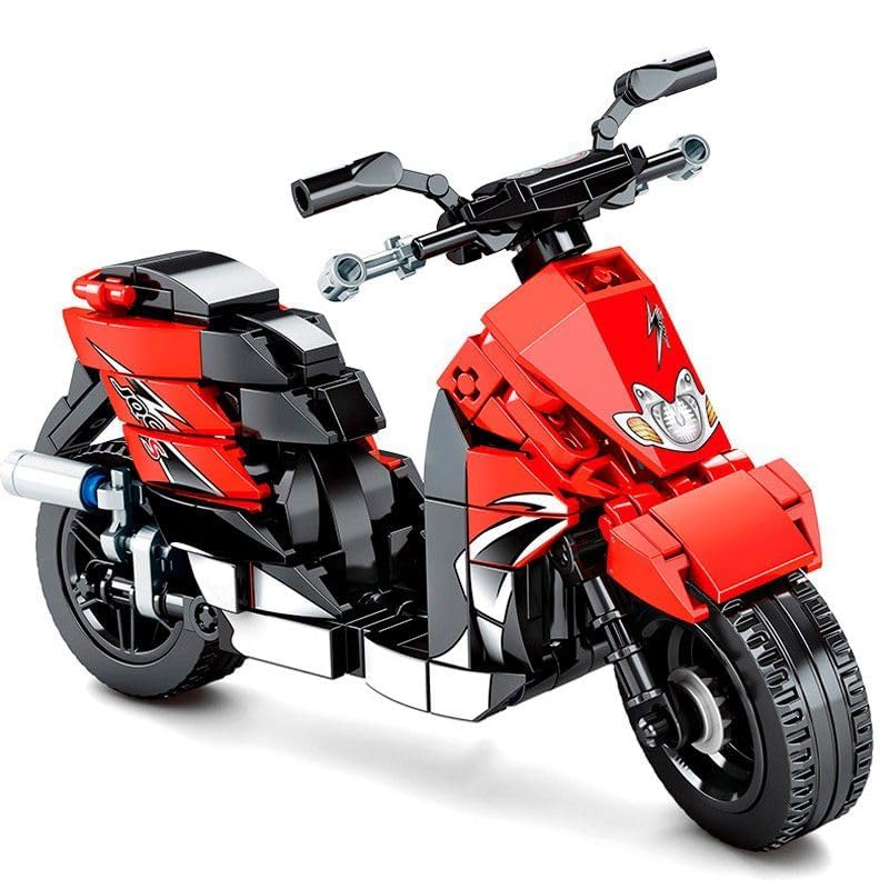 Assembled Sembo Block DIY Motorcycle Model Kit 701109, showcasing the red and black motorcycle from a front-side view.