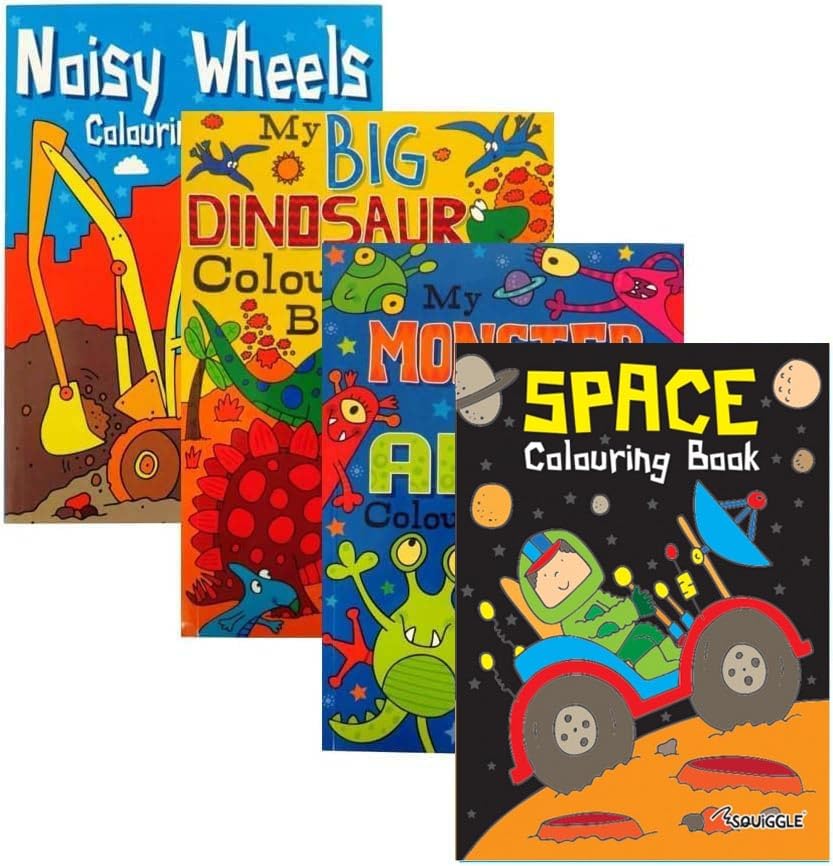4 Anti-Stress Malbücher Für Kinder & Erwachsene – Dinosaurs, Monsters, Space, Noisy Wheels, A4