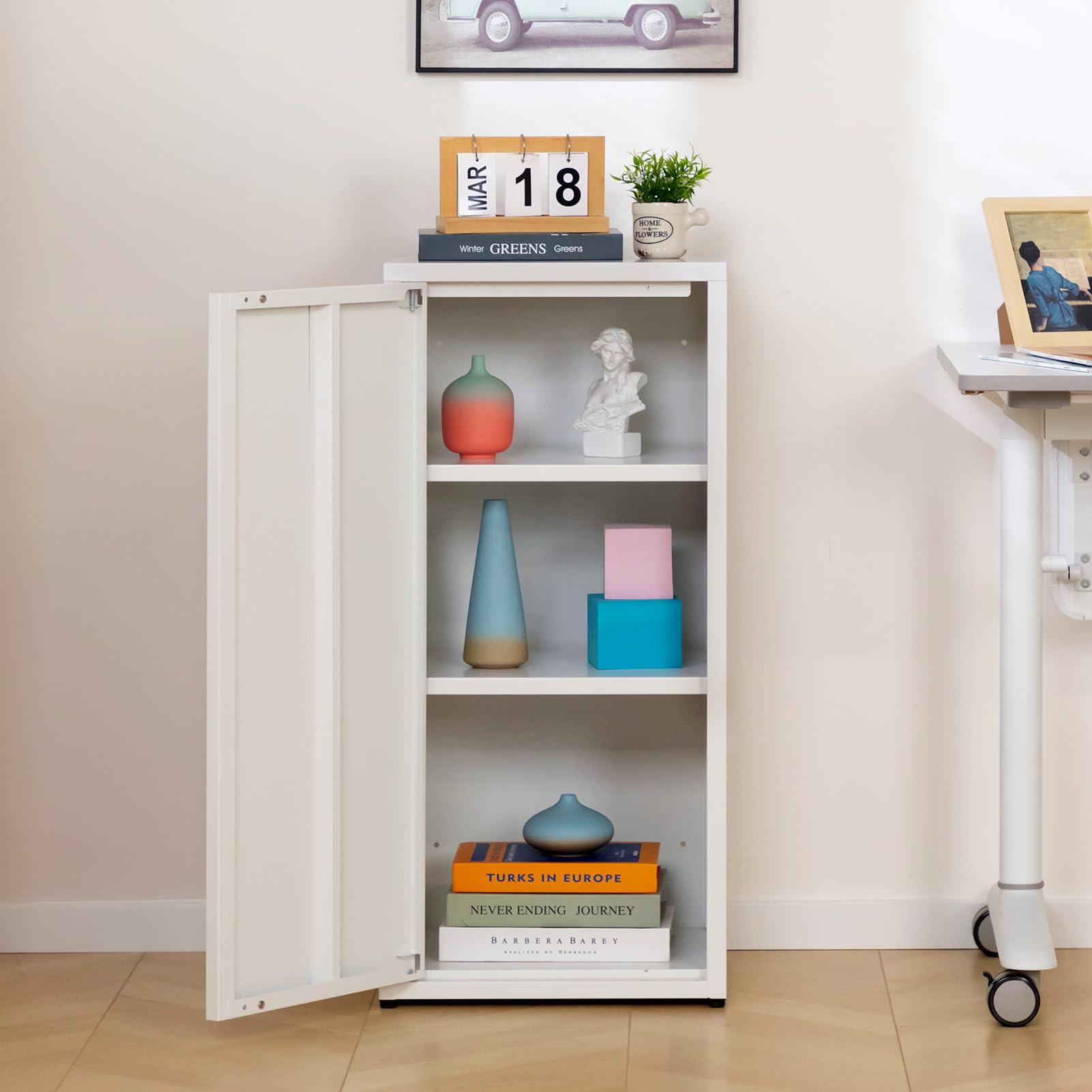 HollyHOME Armoire de rangement en métal avec une porte, meuble de rangement de bureau avec fermeture magnétique, armoires de classement avec étagères réglables pour le salon, blanc