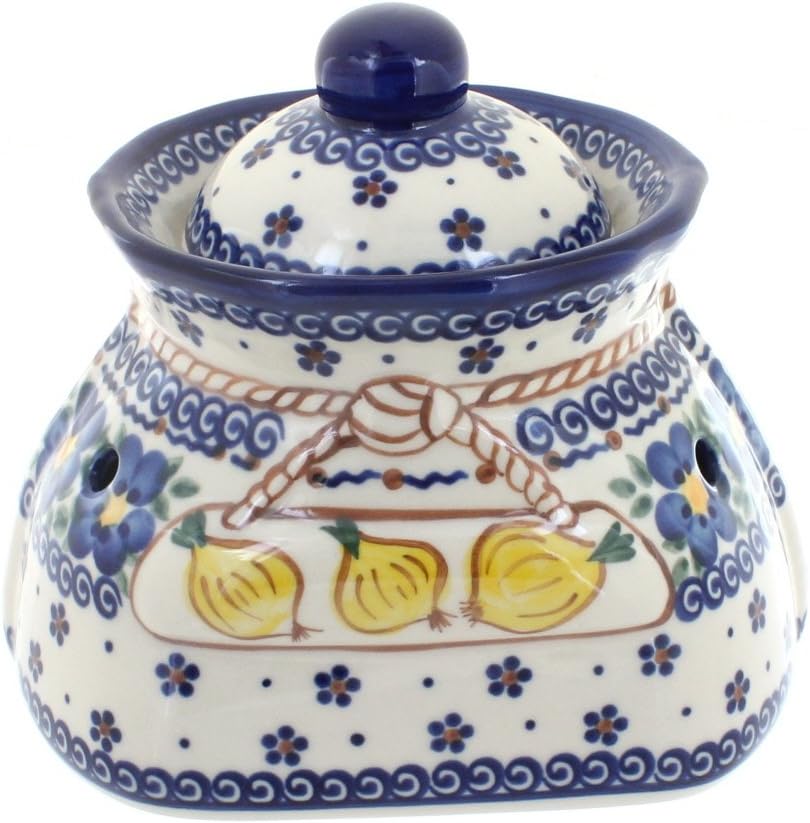 Blue Rose Polish Pottery - Blue Spring Blossom Small Garlic Keeper - 7" x 5" x 6.5" - Ceramic Storage Jar with Vent Holes
