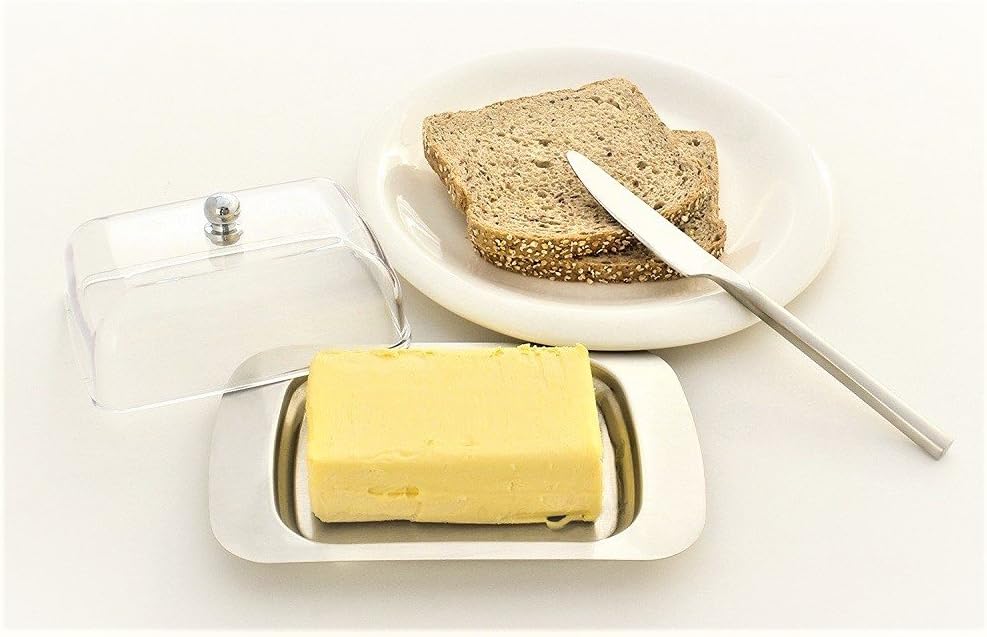 NEW STAINLESS STEEL BUTTER DISH FOR COUNTER WITH EASY TO HOLD LID