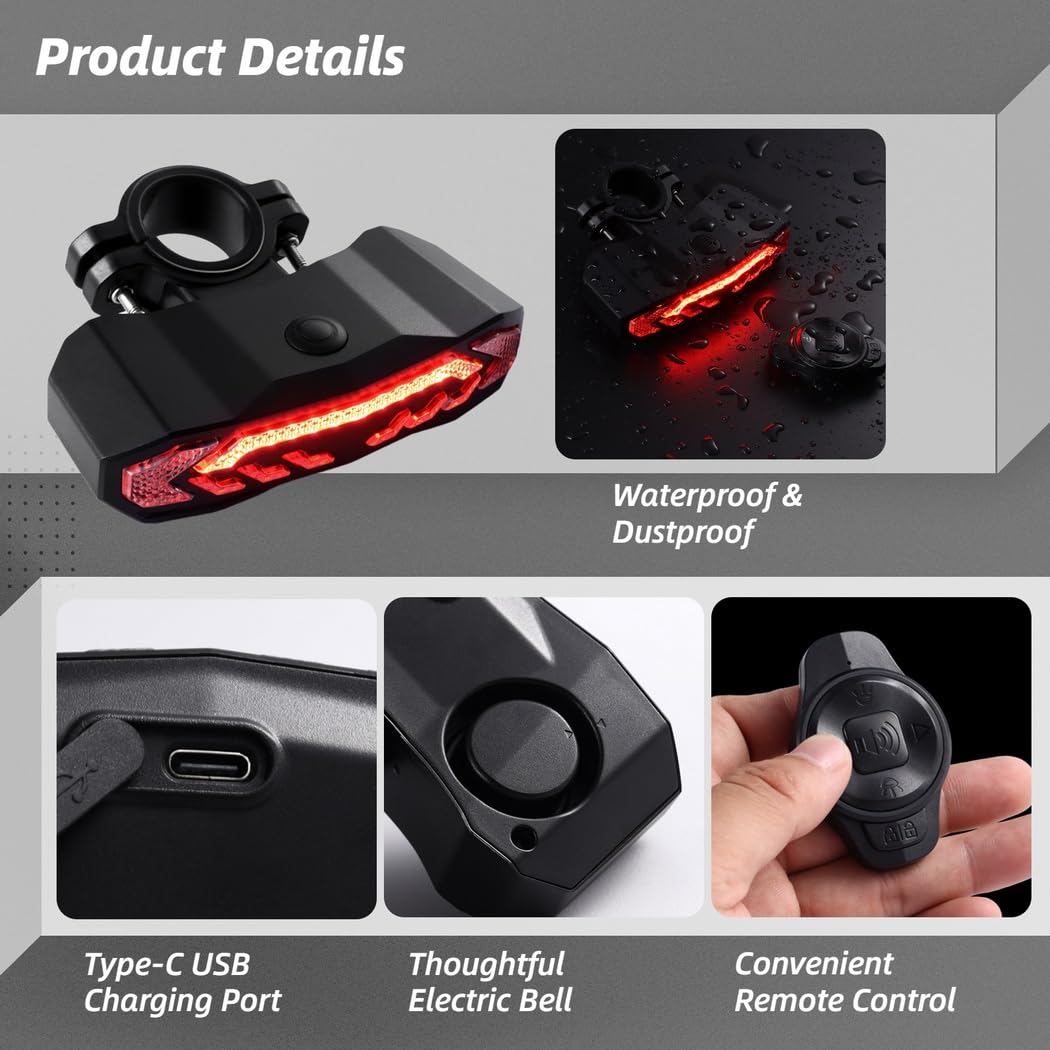 Smart Bike - Kit fanale posteriore per bicicletta con indicatori di direzione e luce del freno automatico, 5 in 1, con telecomando, ricaricabile, impermeabile, antifurto, luce posteriore