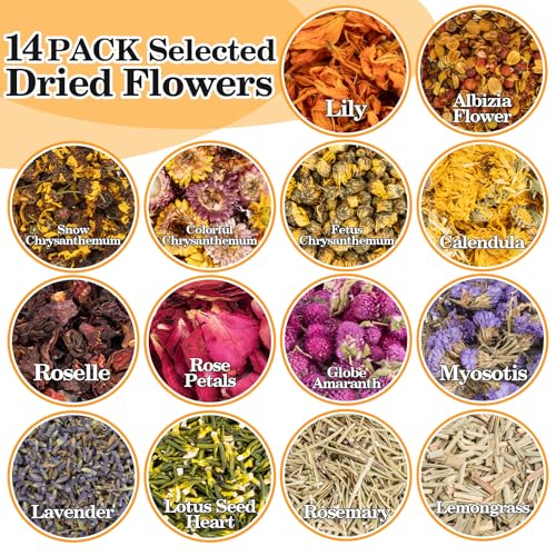 sukh dried herbs kit - dried botanicals bulk14 bags natural dry flowers and herbs for soapcandleperfumebath bombsresin jewelry making suppliesfragrance sachet diy and witchcraft