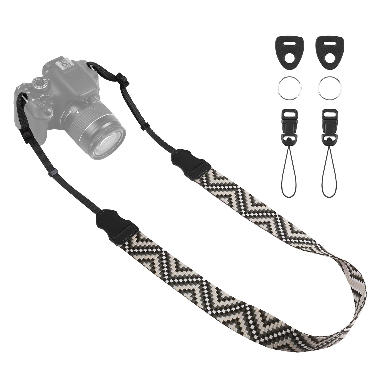 Universal Camera Strap - Camera Neck Strap, Adjustable Shoulder Straps Compatible with Canon, Fujifilm, Nikon, Olympus, Panasonic and other SLR and mirrorless cameras - Black White Gquares
