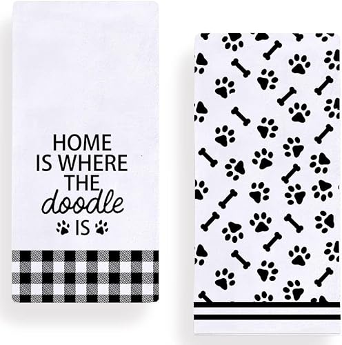 Secarond Home is Where The Doodle is Kitchen Dish Towels 18 x 28 Inch Set of 2,D