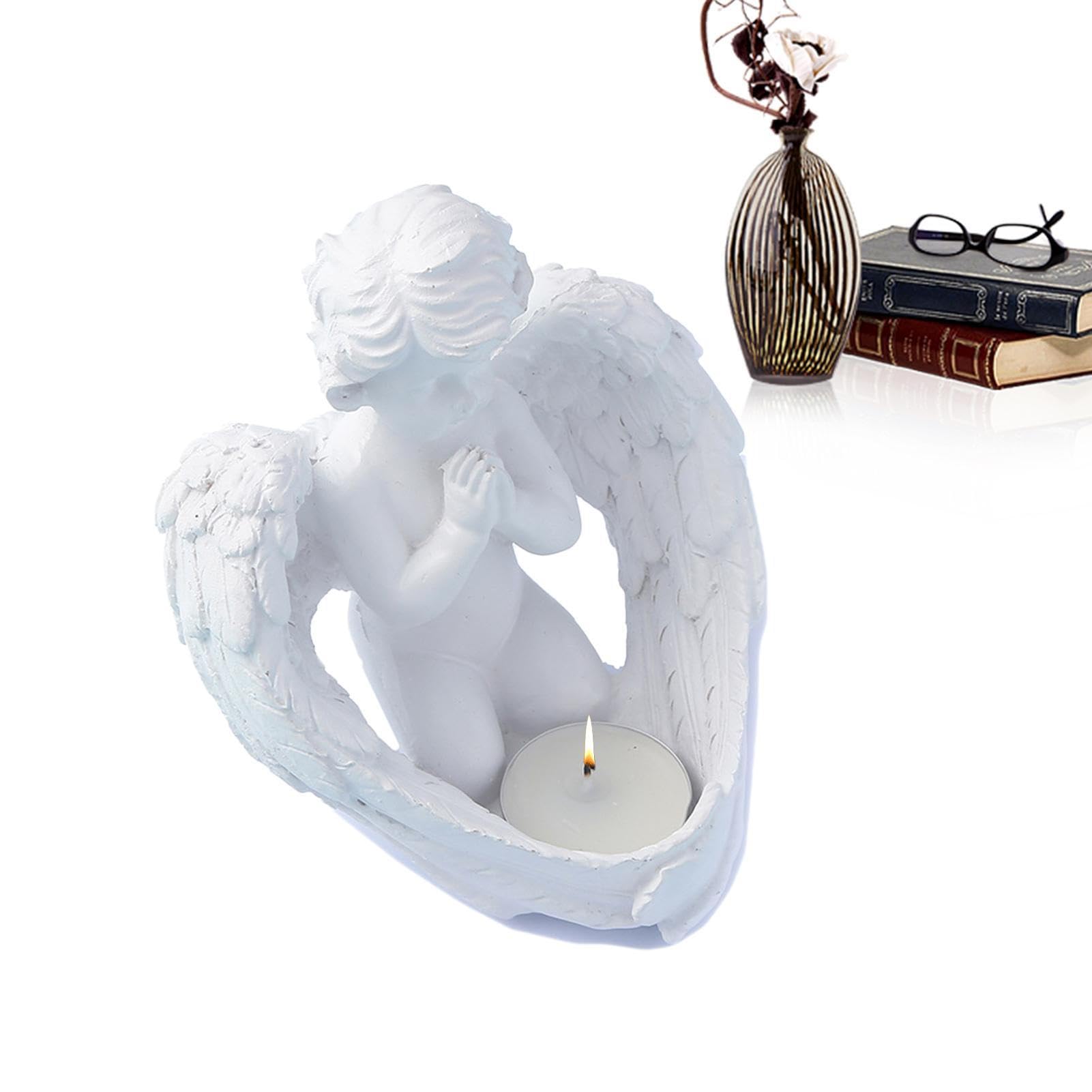 Teksome Angel Candlestick Candle Holder Angel - Angel Statues For Home Decor - White Angel Wing Praying Sandstone Statue Angel Figurine Prayer Home Decoration Memorial Candle Holder