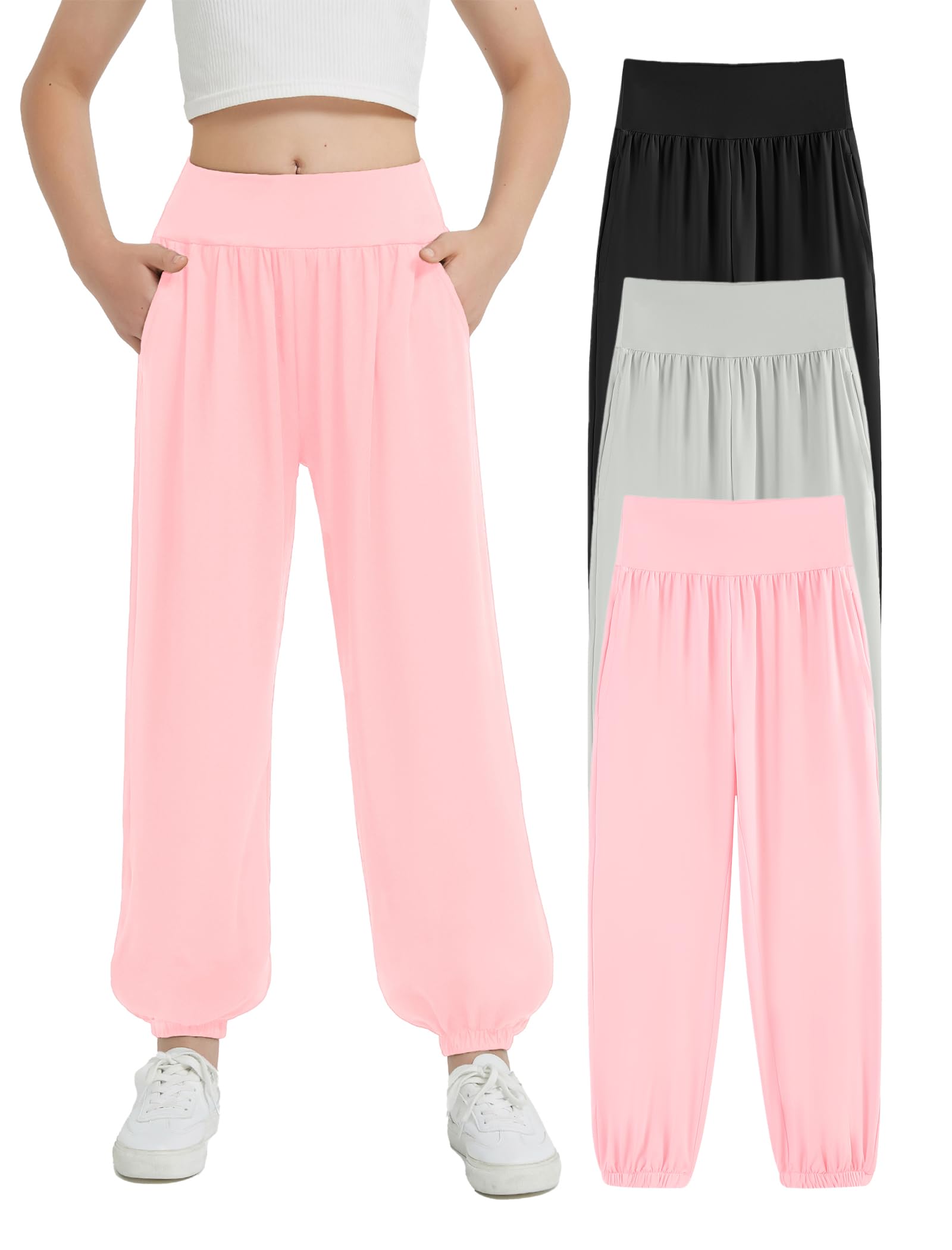 EXARUS 3 Pack Girls Wide Leg Pants Baggy/Tapered Loose Casual School