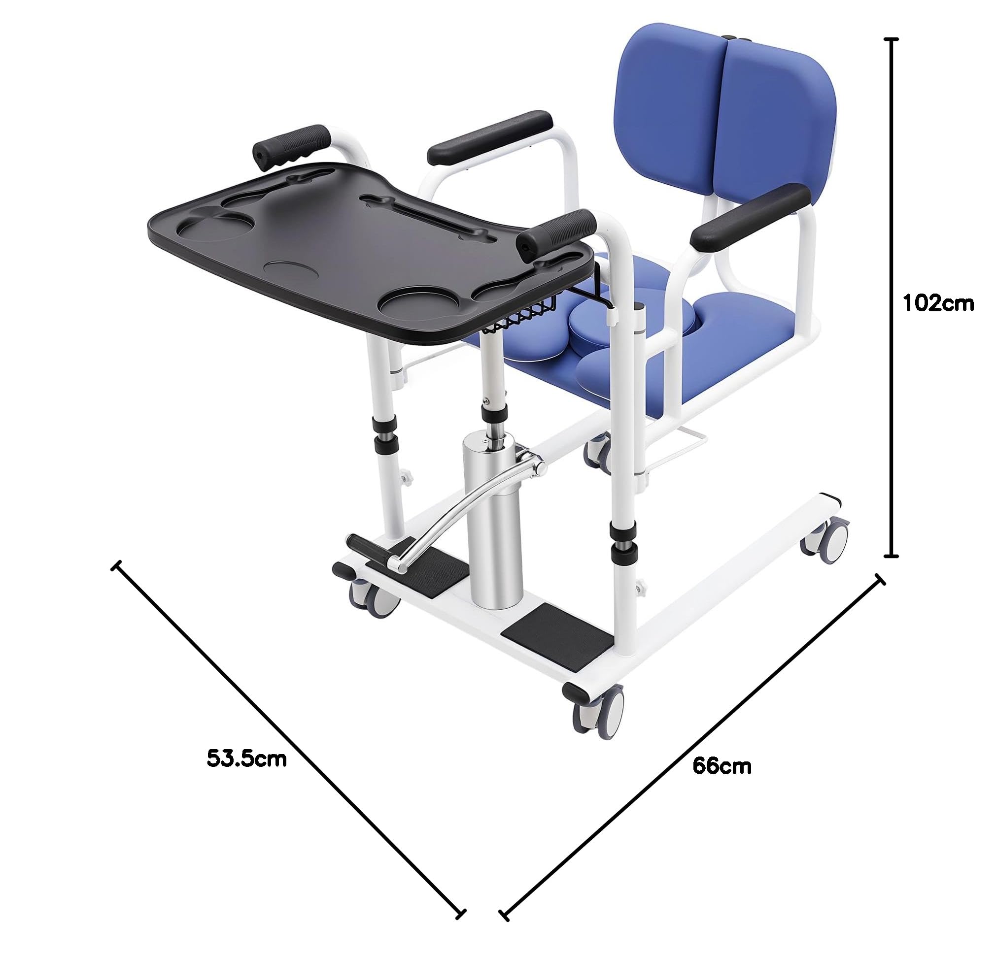 Sollevamento idraulico per pazienti a casa, sedia di trasferimento e sedia a rotelle con altezza regolabile 30 – 46 cm – Include tavolo e sedia per WC, fino a 150 kg, per anziani e cura (blu)