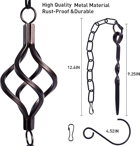 Miniatura 4 de Juego de jaula para pájaros de 8.5 pies, no se oxida, cadenas de lluvia de hierro forjado para canaletas con adaptador, cadena de drenaje y estaca
