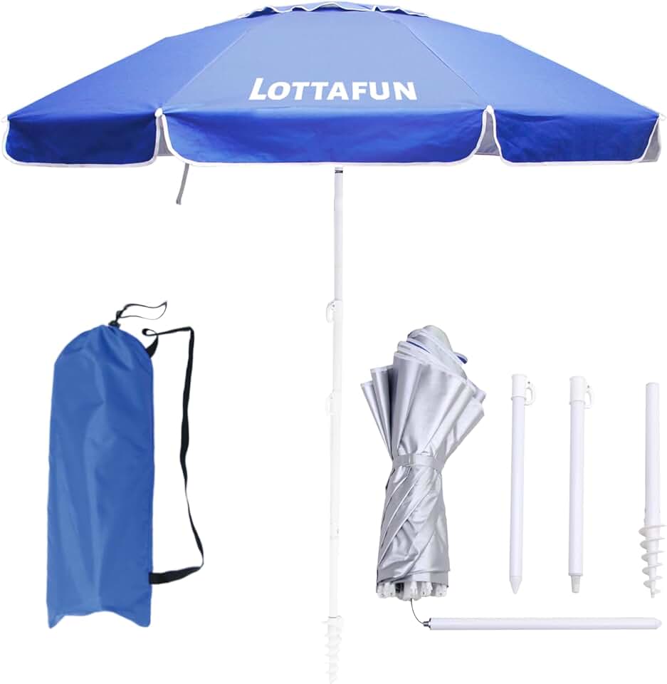 LOTTAFUN Guarda-sol portátil resistente ao vento UV 50+ com âncora de areia e bolsa de transporte, guarda-chuva dobrável ao ar livre para praia, piscina, pátio, jardim (azul escuro) sem inclinação