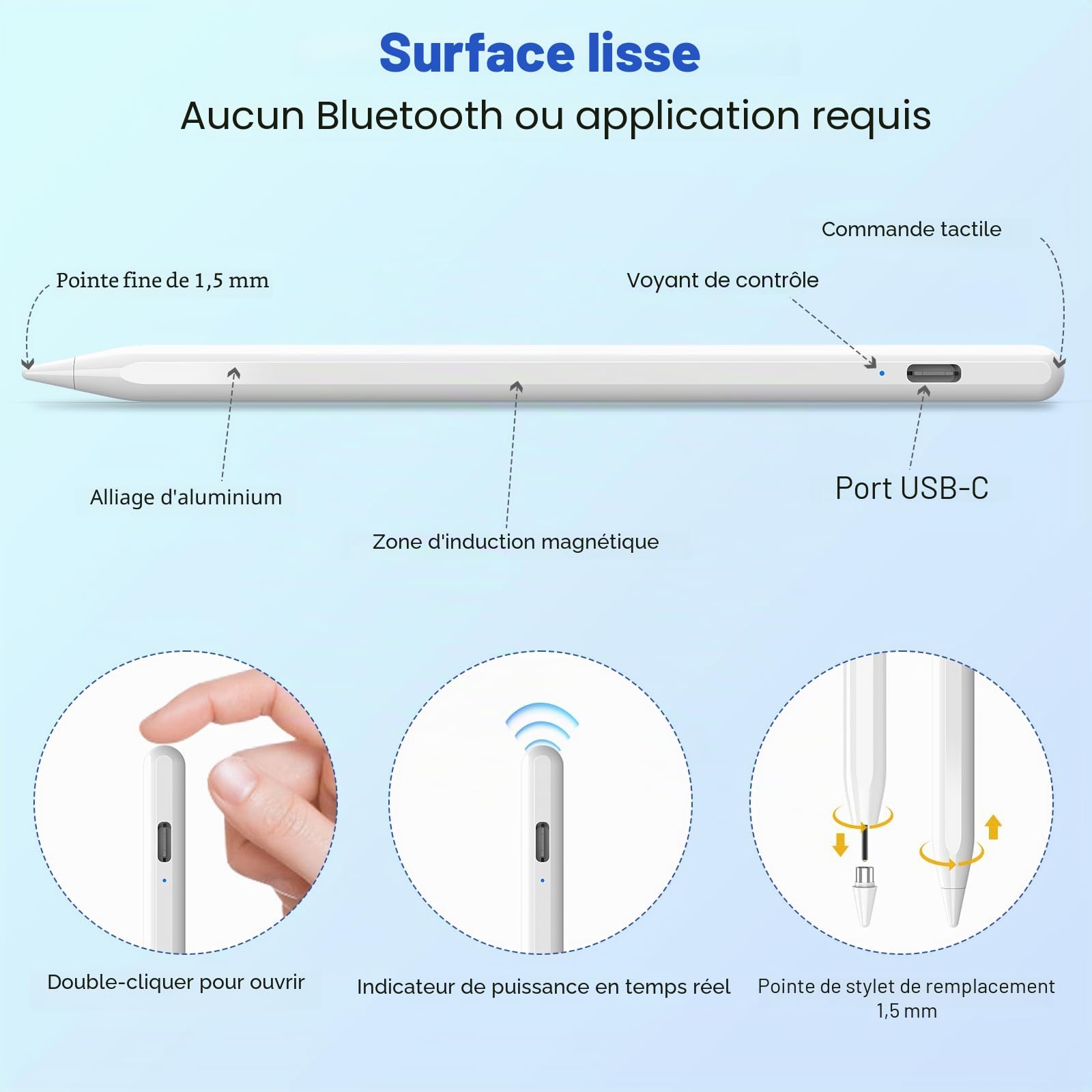 KBCASE Stylet Universel pour Tablette Android Samsung Lenovo Huawei Xiaomi Vivo, Sensibilité à l'inclinaison, Haute Précision, Recharge Rapide, Blanc