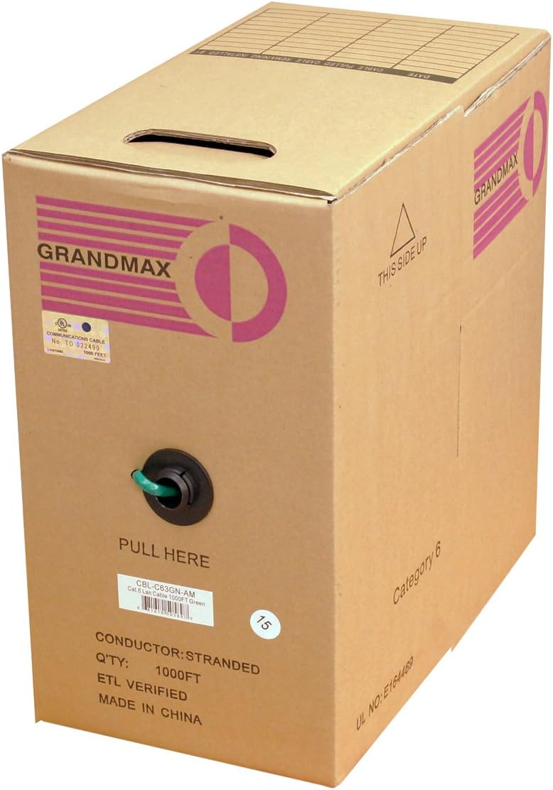 GRANDMAX CAT6 550MHz Solid PVC Bulk Cable, 1000ft, UTP Pull Box, CMR Rated, 100% Pure Copper, Multiple Colors Available, 4 Pair, 24 AWG/ 1000FT/ Orange