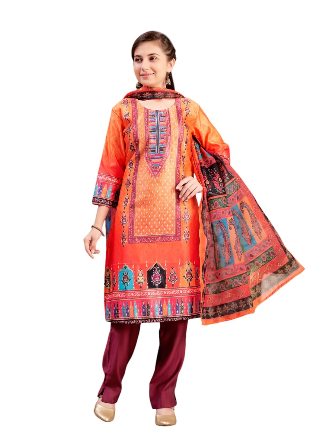 Aarika Girls Ethnic Wear Orange-Wine Colour Abstract Embalished Satin Kurti Pant Set-8-15 Years (Kp-Tr-K-1039)