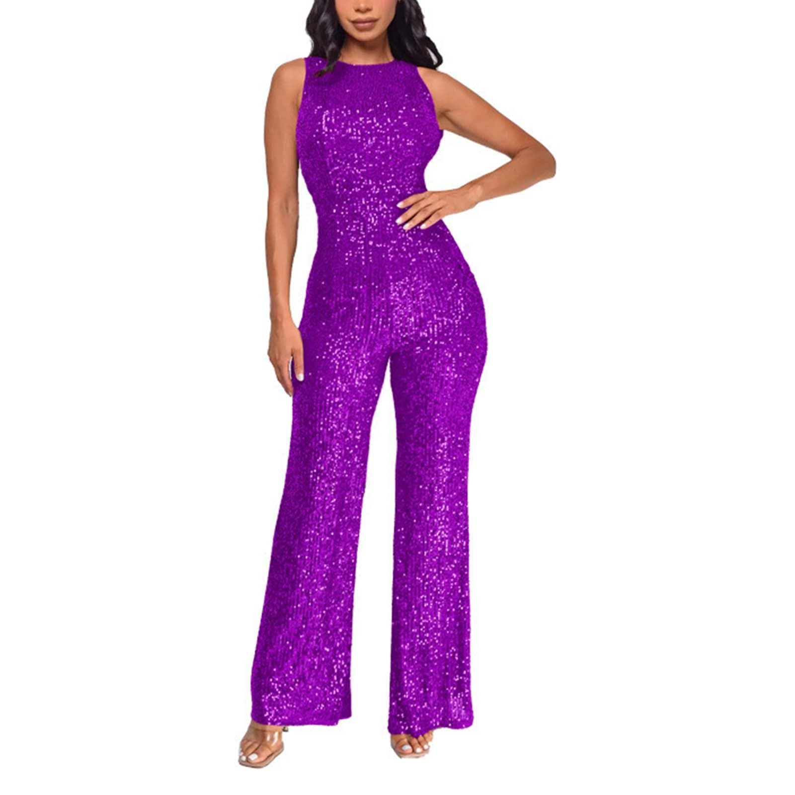 Combinaisons Femme à Paillettes- Combinaison Mariage Femme Coupe AjustéE Col Rond sans Manches Taille Haute Jumpsuit Couleur Unie Pas Cher pour SoiréE Bal De Fin D'AnnéE Une PièCe Sequins Bodysuit