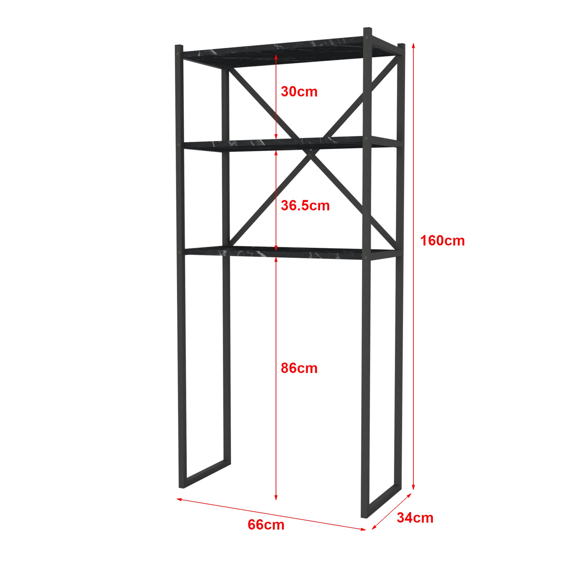 [en.casa] Estantería Alta para Lavadora Askersund Mueble de Baño de 3 Niveles Armario de Baño para Inodoro Secadora Aglomerado/Metal 160 x 66 x 34 cm - Efecto Mármol Negro