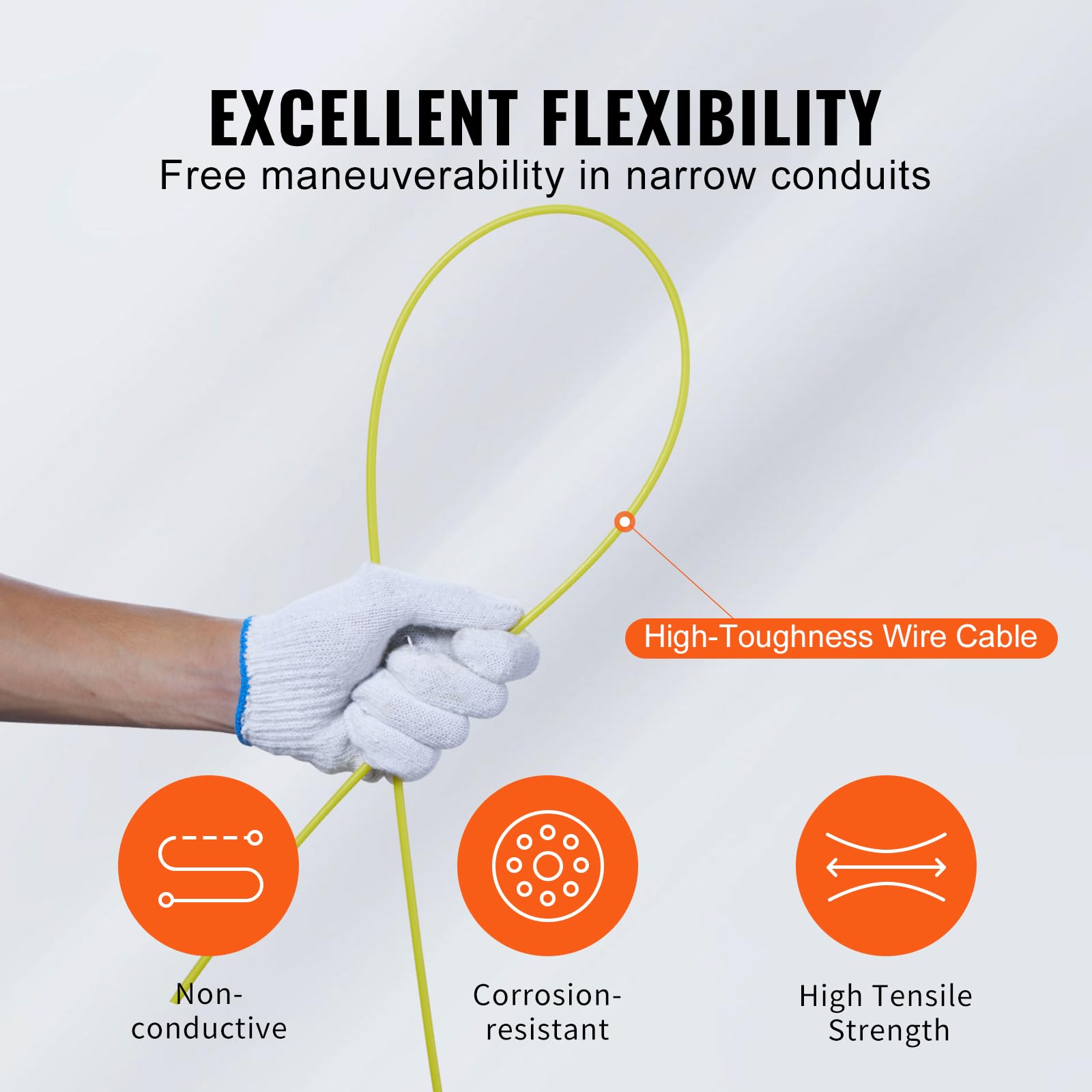 VEVOR Aiguille Électricien 60,96 m Tire Fils Électrique Fibre de Verre 4,7 mm avec Boîtier, Poignée, Facile à Utiliser, Outil Extraction Câble Flexible pour Murs, Conduits Électriques, Non Conducteur