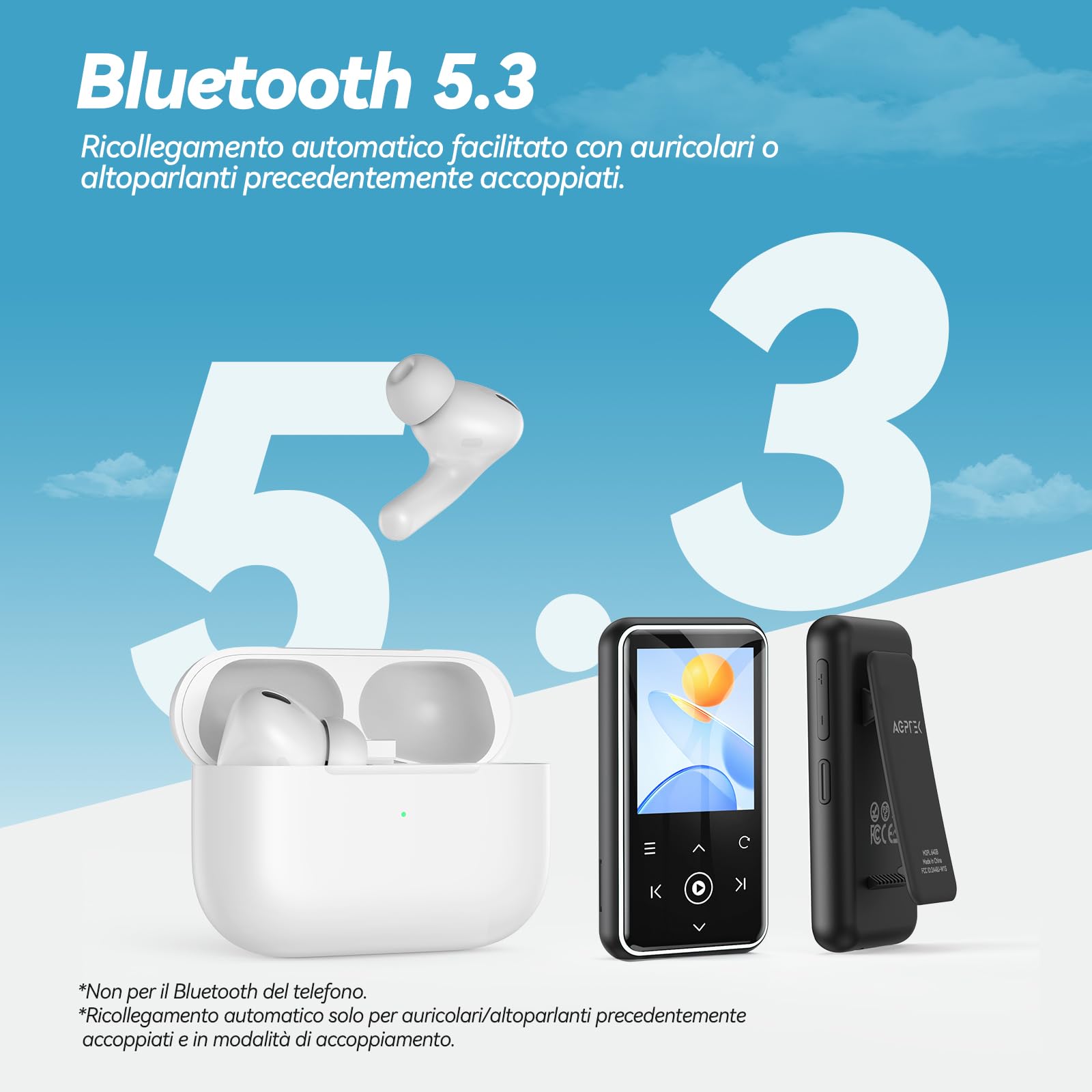 Lettore MP3 Bluetooth 5.3 AGPTEK 64GB – Altoparlante Integrato, Radio FM, Registratore, Hi-Fi Lossless, Batteria 70 Ore – Sportivo, Portatile, Nero