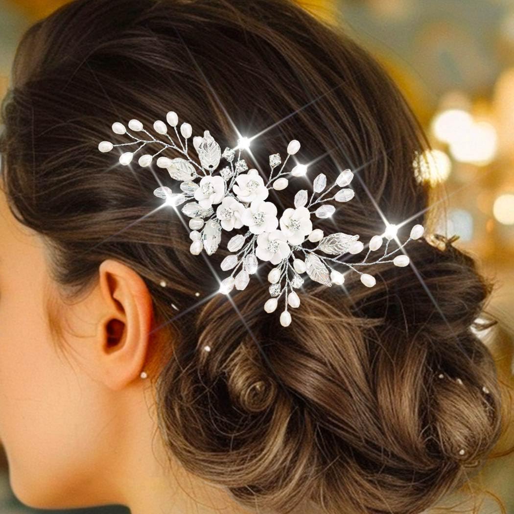 Accesorios para el pelo para novia, boda, plata, flores, peineta para el pelo, perlas, peine lateral, extensión de hoja para mujeres y niñas