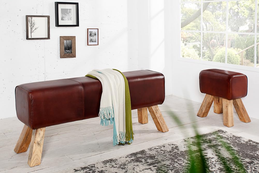 invicta INTERIOR Kult Sitzhocker TURNBOCK mit Echtleder Bezug Mangoholz Schulsport Hocker Natur 40cm Fußhocker aus Holz mit Lederbezug