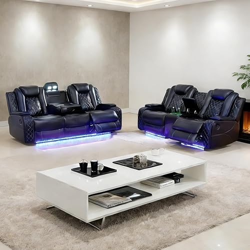Miniatura 10 de Pon Living - Juego de sofá modular de cuero con luces LED, juego de sofá seccional reclinable eléctrico, juegos de muebles de sala con Negro