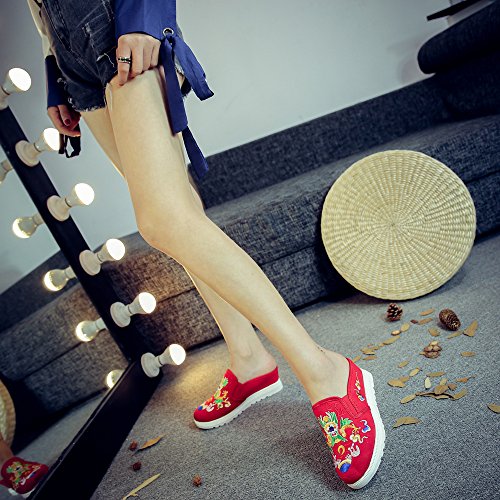 Qhome Women's Canvas Chinese Dragon Embroidery Comfortable Casual Mules House Slippers Shoes3