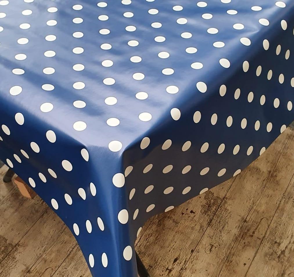 Designers247 Plain Navy Blue White Polka Dots PVC Plastic Table Cloth Dotty Spots Polkadots Oil Vinyl Party Dining Table Cloth Cover Protector (250cm x 140cm Rectangle 98" x 54" inches)