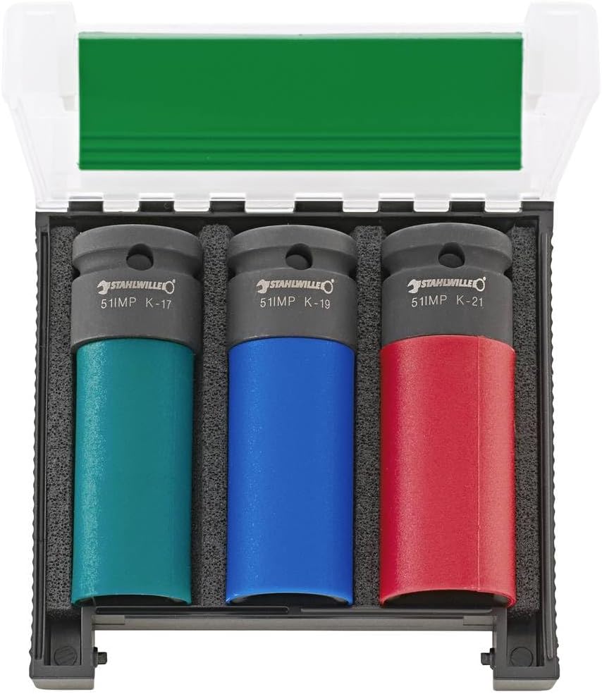 51IMP K/3 Impact Set l 1/2 Inch Socket Spanner Set 3-Piece l 17, 19, 21 mm, Colour Coded l Protective Sleeves to Protect Alloy Wheels When Changing Wheels