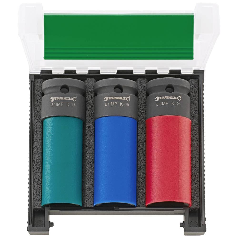 Stahlwille 51IMP K/3 Impact - Set di chiavi a bussola da 1/2", 3 pezzi, L 17, 19, 21 mm, codificati a colori, per proteggere i cerchi in lega durante il cambio delle ruote