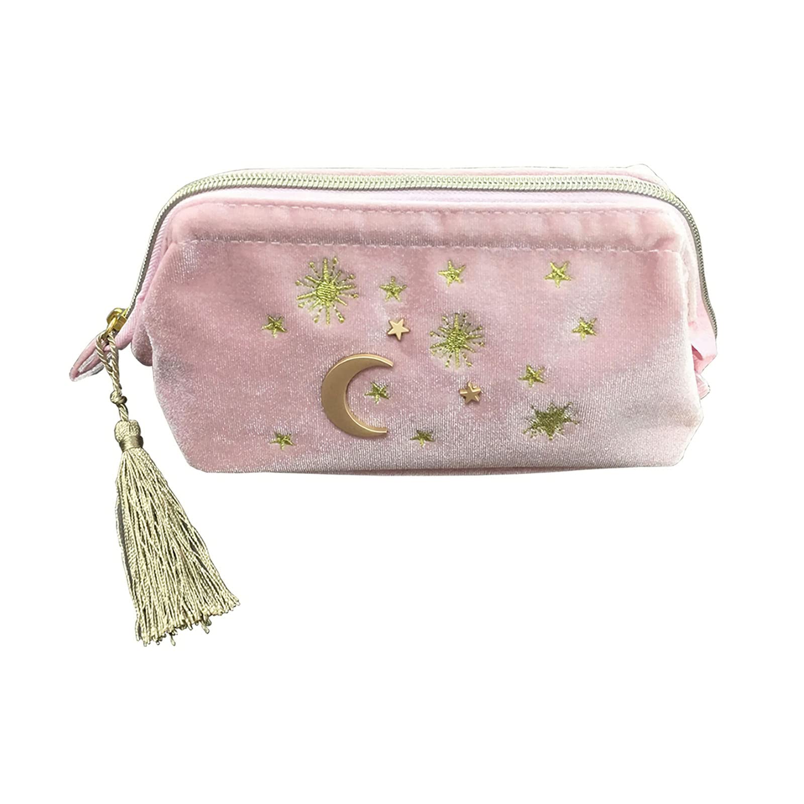 Moon Stars Sun Cosmetic Bag, Pink Velvet Embroidery Applique Make Up Storage Zipper Pouch Clutch Handbag with Tassels Decor