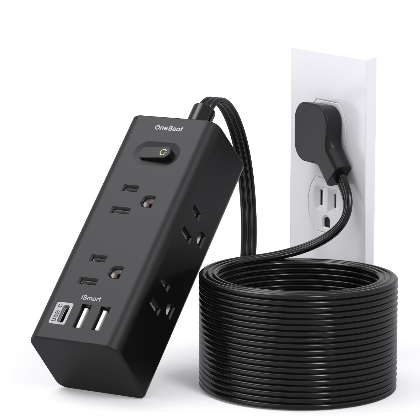 Photo 1 of 15Ft Extension Cord with Multiple Outlets, Flat Plug Power Strip Surge Protector with 15 Ft Long Cord, 6 Outlet 3 USB Ports (1 USB C), Multi Outlet Wall Plug for Travel, College, Dorm Essentials-Black