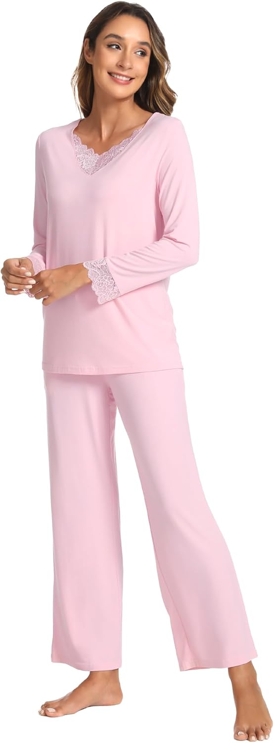 GYS Women's Pajama Sets Viscose from Bamboo Lace Trim Long Sleeve Sleepwear Soft Pjs Lounge Sets with Pockets - Image 4