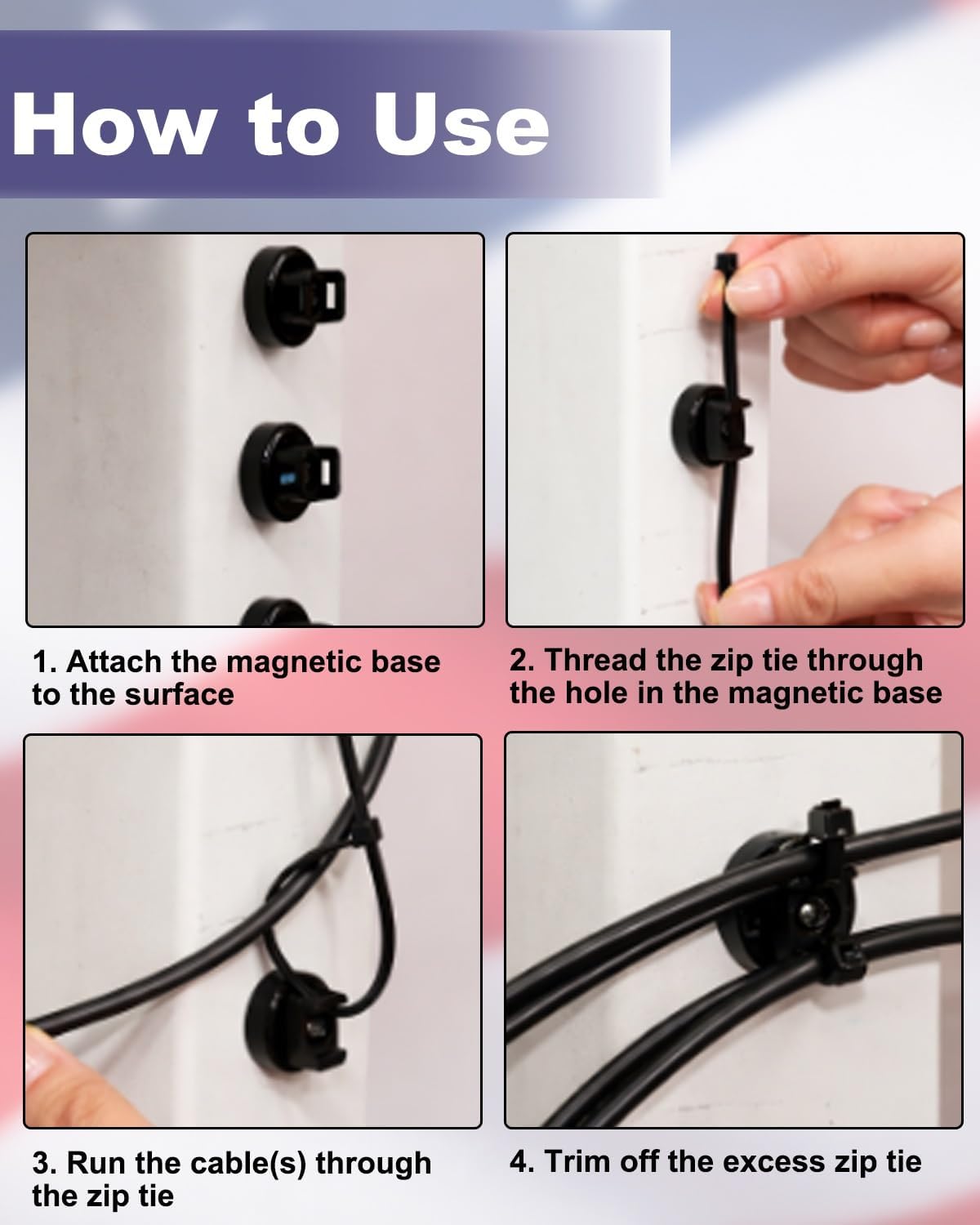 Magnetic Zip Tie Mount Base Kit,30PCS Magnetic Mounting Holder with 30 Cable Ties,Cord and Wire Management Clips,Reusable Heavy Duty Multipurpose Organizer for Desk,Car,Garage,Office