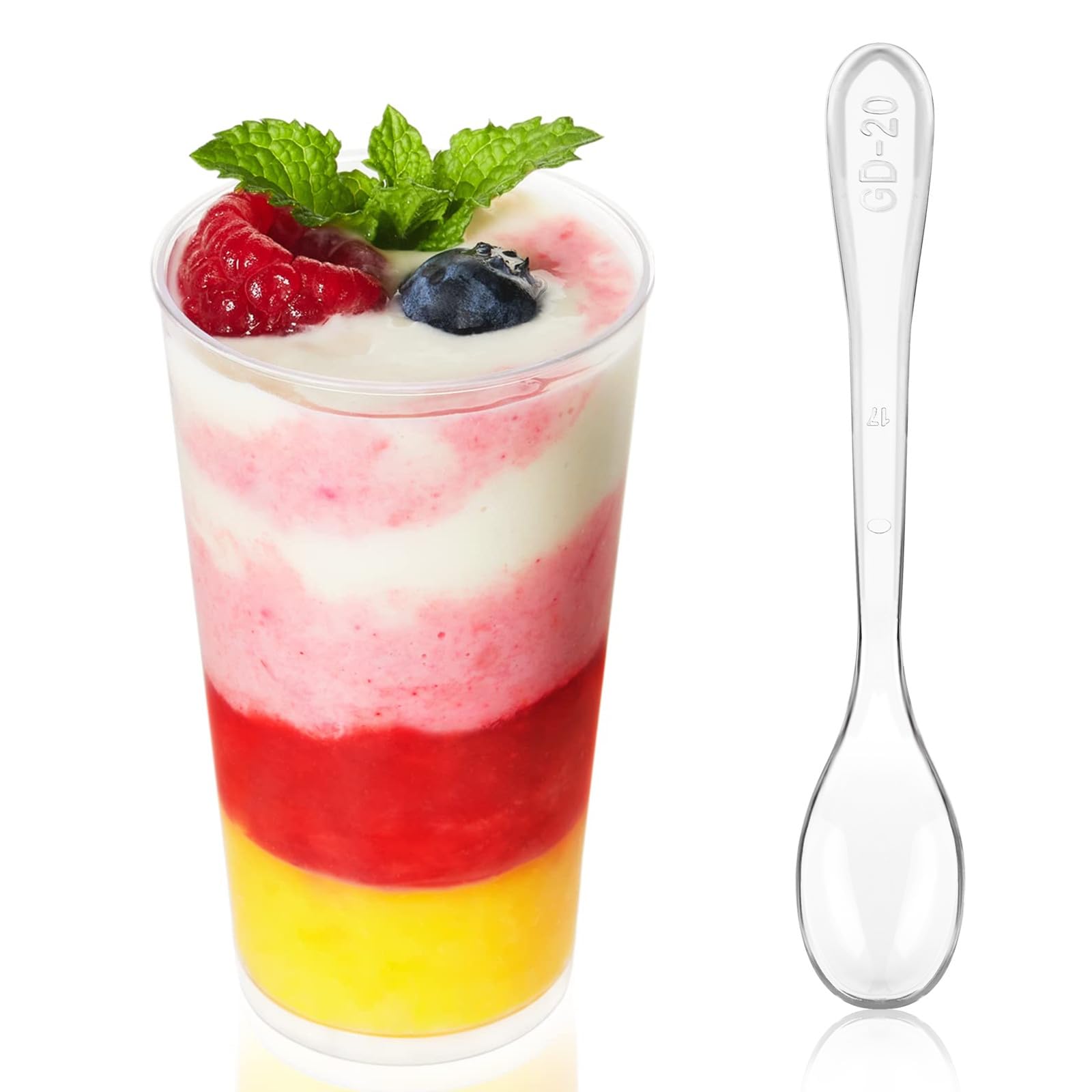 Zezzxu 50 Pack Mini Dessert Cups with Spoons, 3oz Clear Plastic Parfait Appetizer Cups Shot Glasses Small Serving Bowls for Tasting Sample Appetizers