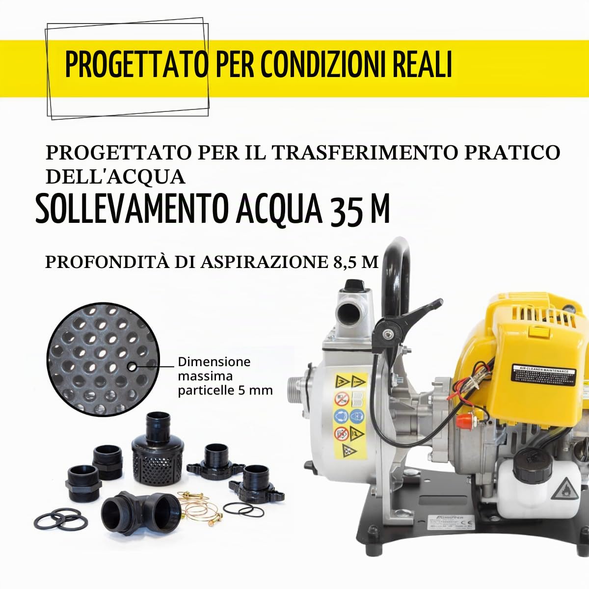 Pompa Acqua a Benzina 7500 L/h, Motopompa per Acqua Pulita con Prevalenza 35 m e Aspirazione 8,5 m, Motore 4 Tempi 1 HP, Pompa Portatile per Irrigazione Giardino e Svuotamento Cantine – Waspper PC107