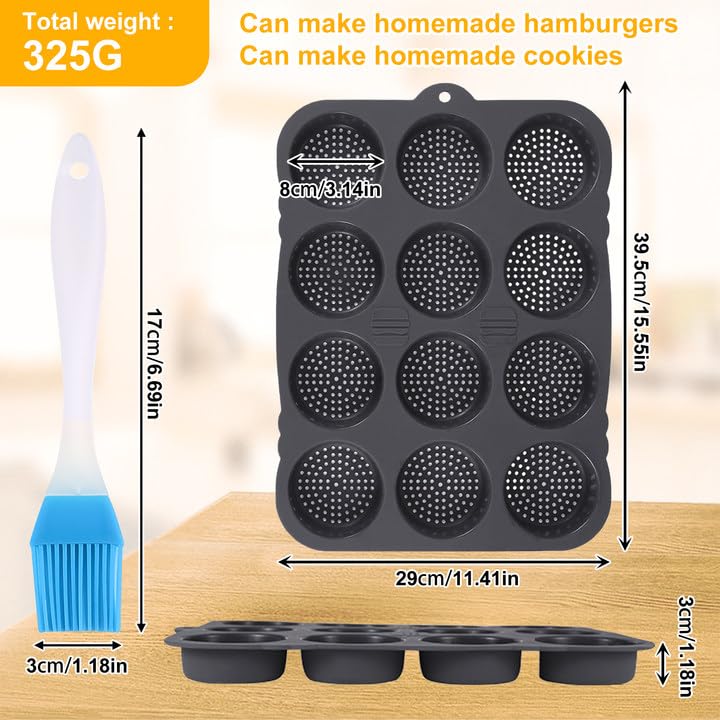 Stampo per Panino per Hamburger con 8+4 cavità Stampo per Panino in Silicone, Teglia per Panino per Hamburger Antiaderente Forata Teglia Rotonda con Supporti per Macchina per Il