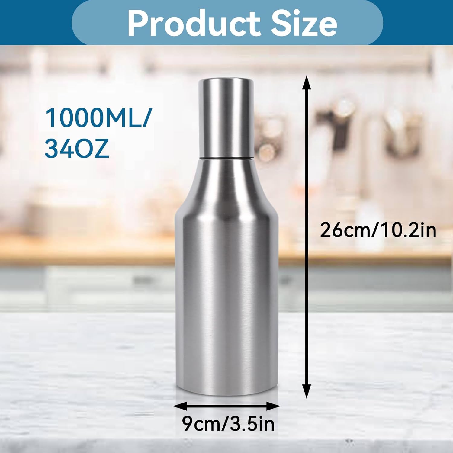 HERCHR Oil Dispenser Bottle showing dimensions: 1000ML/34OZ capacity, 26cm/10.2in height, and 9cm/3.5in width.